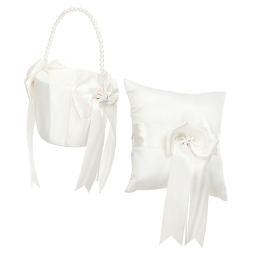MUCKLILY 1 Set Elegant Wedding Ring Pillow and Flower Basket Pearl Inlaid Petal Design for Flower Girl for Weddings Engagements Anniversaries Romantic Decorative Accent