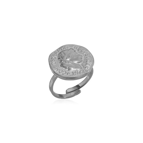 Ancient Roman Portrait Coin Ring for Women Men Stainless Steel Adjustable Vintage Round Disc Engraved Medallion Statement Open Finger Band Comfort Fit Fashion Engagement Wedding Rings Antique Jewelry (Silver)