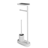 Gedy Elios Piantana Portarotolo e Scopino Bagno con Ripiano per Smartphone, Realizzata in Metallo Finitura Bianco Opaco, Ciuffo in Setole Nere di Nylon, Base Zavorrata, Misure L11,6xP25,6xH68cm