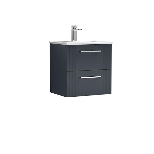 Image of Balterley Vanity Unit with Basin Wall Hung, 2 Drawer Soft Close with 1 Tap Hole Rectangular Sink and Handles, Bathroom Vanity Units, Partial Fluted Sink Cabinet - 505 x 395 x 518mm (Dark Grey)