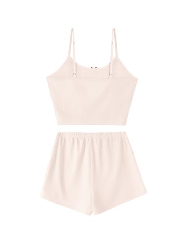 Image of Hilinker Womens Cute 2 Piece Pajama Set Ribbed Cami Top and Shorts Summer Pjs Sleepwear Solid Beige X-Large
