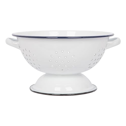 Argon Tableware Enamel Colander with Handles - 23.5cm - Green Rim - Metal Kitchen Strainers, Large Sturdy Base Food Strainer Colander Bowl for Pasta, Fruits, Vegetables