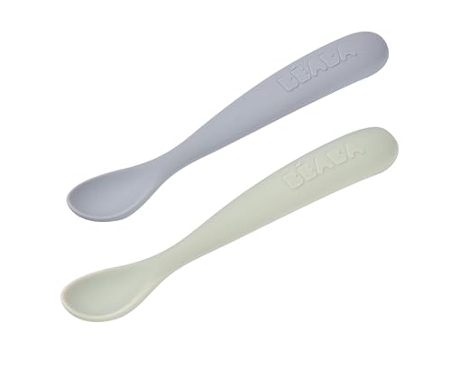 BÉABA, Lot de 2 Cuillères en Silicone Bébé/Enfant 1er Âge - Dès 4 mois, Souple - Bout arrondi - Manche long et Ergonomique, Boite de transport - Finition...