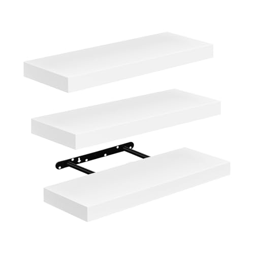 FURNITABLE Étagères Murales Lot de 3, Étagère Murale Blanche Flottante de CD, pour Salon, Cuisine, Chambre, Salle de Bain 14x40cm