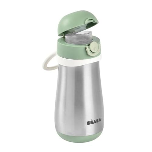 BÉABA, Cantimplora Infantil Acero Inoxidable 2 en 1, Función Cantimplora/Vaso, Pulsador para Facilitar la Apertura, Sólido, Saludable, Asas extraíbles, Conservación de Frío/Calor, 350 ml,verde
