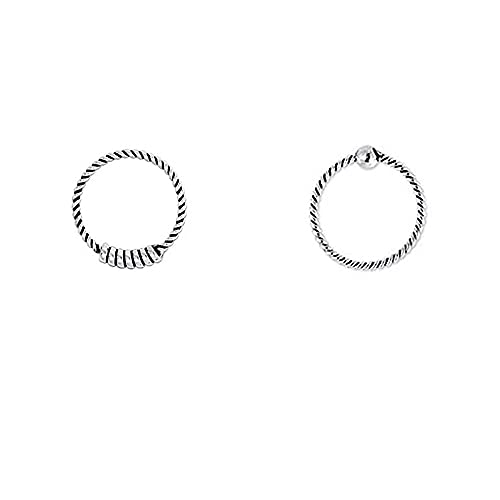 DENI 2 aros nariz finos tipo trenzados, plata de ley 925, 9mm diámetro interior, 0,6mm grosor, 1 aro con bola de cierre y 1 aro con barra de cierre