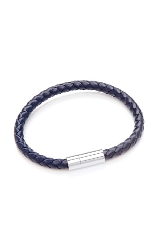 Bartlett London Men's Navy Braided Leather Bracelet, Single Wrap with Magnetic Clasp, Smart Casual Wristband
