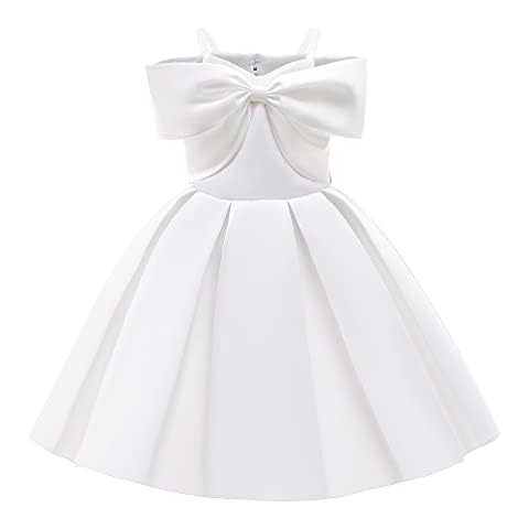 Cichic Sleeveless Girls Party Dress Strap Pleated Satin Semi Formal Princess Ball Gown White 6-7Years Cover