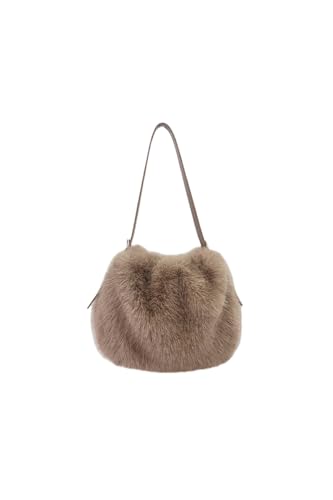 Ulisty Women Small Faux Fox Fur Hobo Bag Furry Adjustable Strap Shoulder Bag Plush Purse Fashion Handbag khaki