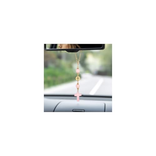 Cross Crystal Hanging Car Charm,Cute Healing Stones Car Decor for Rear View Mirror Boho Handmade Sun Catcher Ornament Accessories Rose Quartz Crystal Protection for Women