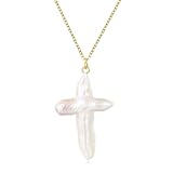 Dckazz Pearl Cross Necklace Freshwater Pearl Chunky Cross Necklace Women Real Baroque Pendant Stainless Steel