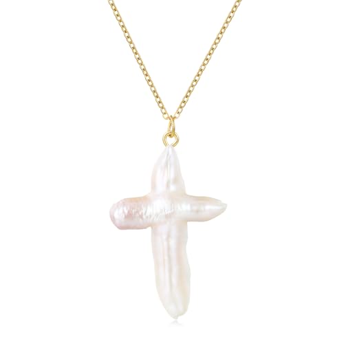 Freshwater Pearl Cross Necklace Women Dainty Single Baroque Pearl Pendant Fresh Water Pearl Necklace Gold
