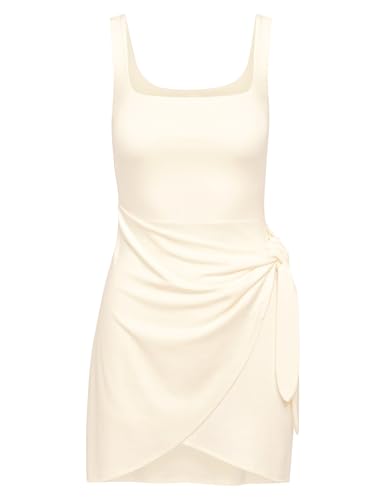 Image of LuFeng Summer Sexy Square Neck Sleeveless Ruched Tie Waist Mini Dress for Women Party Club Tank Dress