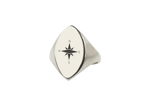 Bague boussole gravée de forme marquise aux finitions miroir