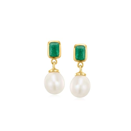 Ross-Simons 1.30 ct. t.w. Emerald and 8.5-9mm Cultured Pearl Drop Earrings in 18kt Gold Over...