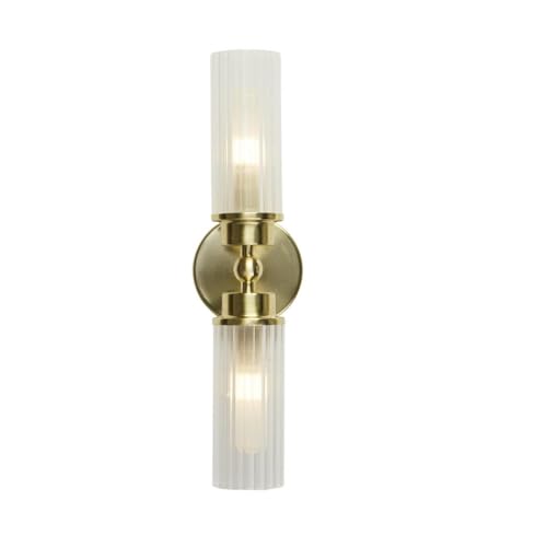 Image of Britalia BR29982SB Satin Brass & Ribbed Glass Bathroom Vintage 2 Lamp Wall Light - 37cm Length - Dimensions: Height 370mm x Width 100mm x Projection 140mm (37cm x 10cm x 14cm)