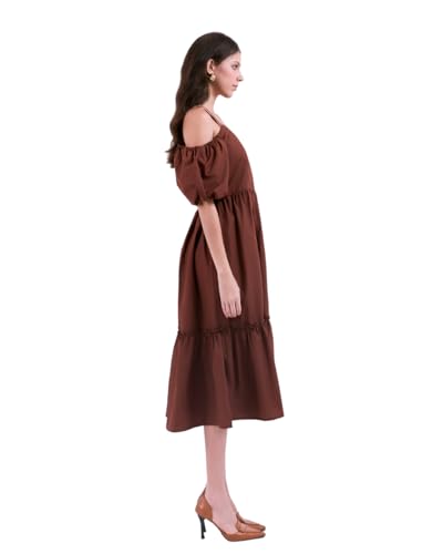 SIXDO G-Coffe Brown Woven Flared Dress, Spring Summer Floral Flowy Midi Dress S — view 2