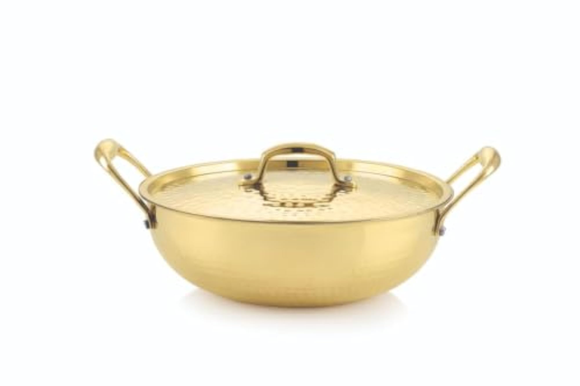Pure Brass Kadhai with Lid, 24cm Traditional Handcrafted Cookware