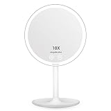 Auxmir Espejo Maquillaje con Luz, Espejo Aumento 10X Recargable, Espejo de Mesa Táctil LED, Brillo Ajustable, 3 Colores de Luz, Táctil, con USB, Base Grande para Almacenaje, 90 Giratorio