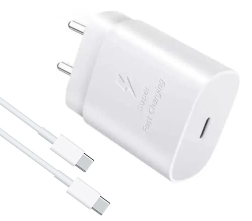 Image of MAK 25W Charger with Cable for Samsung Galaxy F15 5G Type C Charger Adapter Compatible with Galaxy A15 Charger, 25 Watt USB Type C to C Pd Charging Adapter C Type, White