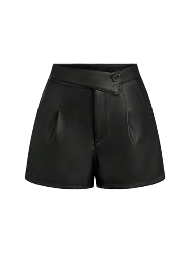 SOLY HUX Damen Shorts Elegant Kurz Hose mit Taschen Weite PU Lederhose Hohe Taille Hot Pants Clubwear Party Festival Outfit Schwarz M