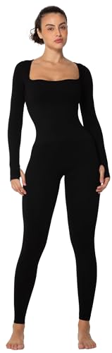 Sunzel Long Sleeve Bodysuits One Piece Jumpsuit for Women with Square Neck and Butt Scrunch Leggings Seamless Ribbed Rompers (25' Inseam, X-Large, Black)