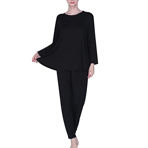 amropi Conjunto de Pijamas Mujer Algodon Mangas Larga Camiseta y Pantalon Largo 2 Piezas Talla Grande Negro,3XL