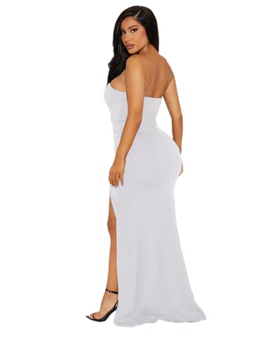 Image of Women's Sexy Strapless Backless High Split Long Maxi Dress Ruched Off Shoulder Sleeveless Bodycon Party Cocktail Dresses