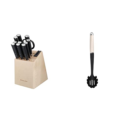 KitchenAid Gourmet 11-Piece Japanese Steel Knife Set with Sharpener and Birchwood Block & Pasta-Servierlöffel, Hitzeresistent, Antihaftbeschichtung, Spaghettilöffel – Almond Creme