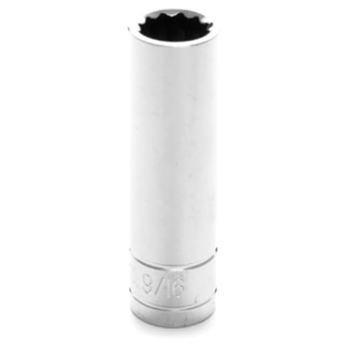Image of Performance Tool W32618 1 /2 in. Drive 9 /16 in. 12-Point Deep Socket | Chrome vanadium steel resists corrosion. Recessed edges reduce fastener rounding. Large size stamping