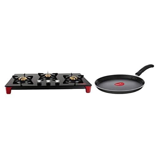 Pigeon by Stovekraft Infinity 3 Burner LPG Stove, Black & Special Non-Stick Aluminium Flat Tawa, 280mm, Black Combo