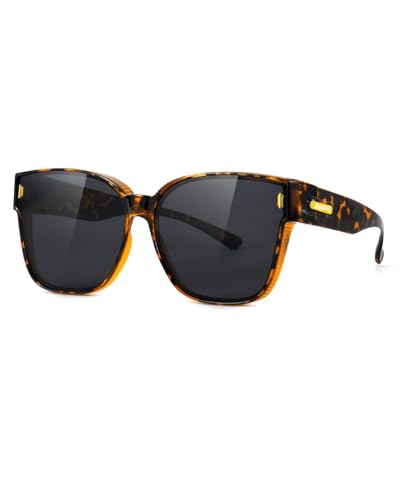Meeloog Polarized Fit Over Glasses Sunglasses for Women Men Oversized Square Fitover Shades UV400 for Driving MST0092 (P1 Tortoise Frame/Dark Grey Lens)