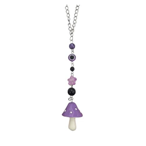 Mushroom Charm Car Hanging Ornament, Lucky Evil Eye Rear View Mirror Charm Interior Decoration Pendant, Hand-Painted Decoration Beads for SUV, Truck - 8.1'' Long (Purple)
