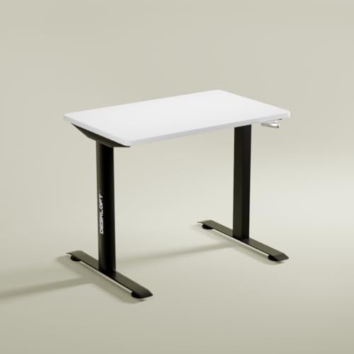 Image of Manual Height Adjustable Desk - Ergonomic Sit Stand Desk with Hand Crank, 120x60 cm Walnut Wood Grain Desktop, Sturdy Computer Workstation for Home Office, Black Frame & White Top