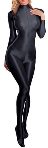 Women's Oil Shiny Glossy Jumpsuit Sexy High Neck Unitard Long Sleeve Yoga Full Bodystocking Catsuit Bodysuit One Piece Zip-Front Jumpsuits Black M
