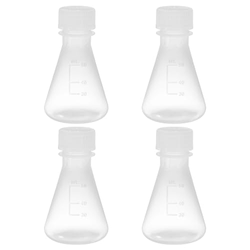 PATIKIL 4Pcs 50ml Plastic Erlenmeyer Flasks, Transparent, Narrow Mouth Graduated Flasks with Screw Cap for Lab Experiment Chemistry Science Study