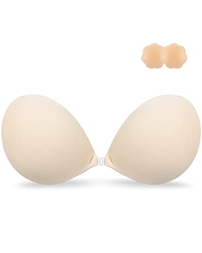 Niidor Adhesive Sticky On Bra Macaron Color Strapless Invisible Push Up Sticky Bras For Women With Nipple Covers (Dark Skin Tone,C) #TOP23