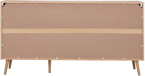 Image of Goldview Modern Wooden Sideboard Cabinet - Natural Oak Finish, Rattan Door Panels, 3 Storage Drawers, Contemporary Living Room Furniture