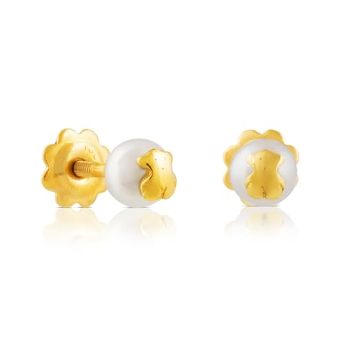 TOUS Pendientes de Oro de 18kt con Perla Cultivada 4,5mm para Mujer y Motivo de Oso en Oro, con Cierre de Presión, Elegante y atemporal, Colección Icon Pearl