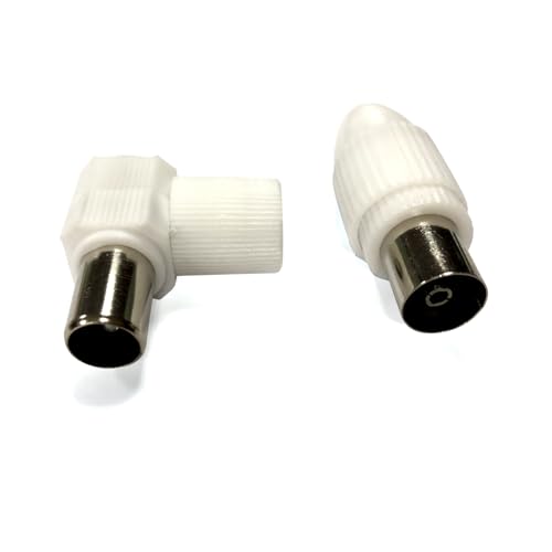 Conector de antena de TV en ángulo recto, blanco, ideal para optimizar espacio y mejorar la conexión a dispositivos de televisión.