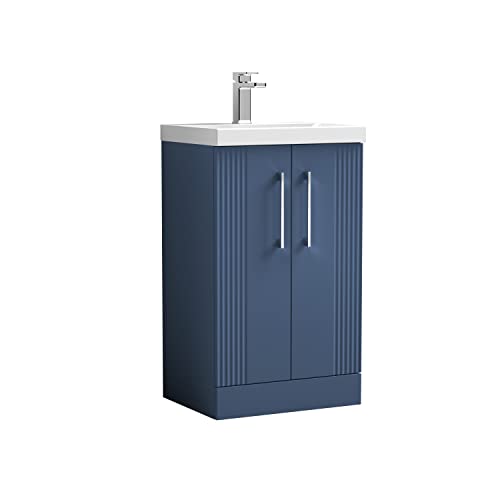 nuie DPF323A Deco Modern Bathroom Floor Standing 2 Door Part Fluted Vanity Basin Unit with Mid-Edge Ceramic Basin, 500mm, Satin Blue