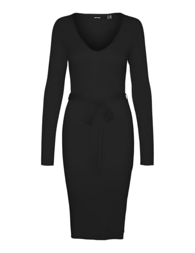 VERO MODA Vmmsaba Rib LS V-Neck Belt Dress Ga Noos, Negro, S Mujeres