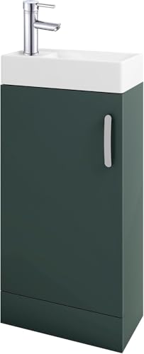 Image of BELOFAY 400mm Floor Standing Bathroom Vanity Unit With Basin - Slim Waterproof Laquered Cloakroom Vanity Unit with 1 Tap Hole Ceramic Basin & Waste | Reversible Tap Fitting (New York Green)