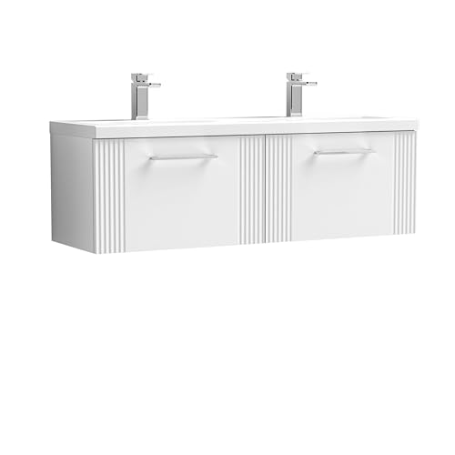 Image of Balterley Vanity Unit with Basin Wall Hung, 2 Drawer Soft Close with 2 Rectangular Sink and Handles, Bathroom Vanity Units with Basin, Partial Fluted Sink Cabinet - 1205 x 390 x 399mm (White)