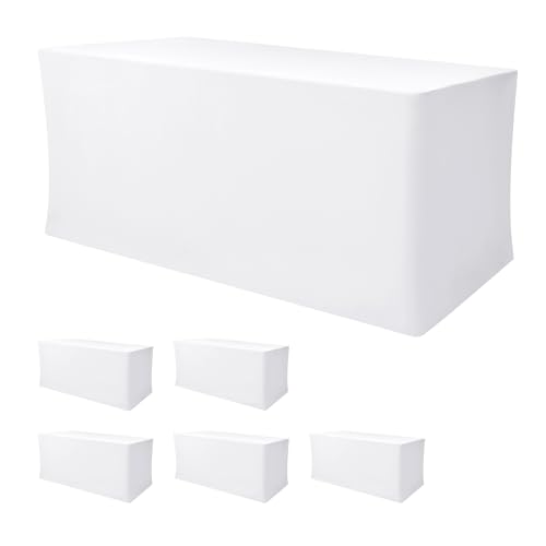 Image of Nasitos Spandex Fitted Tablecloths for 6 Foot Rectangle Tables 6 Pcs White | Wrinkle Resistant Table Covers for 6 Foot Folding Table, Vendor Booths, Parties, Craft Show, Trade Show, 30x72 Inch