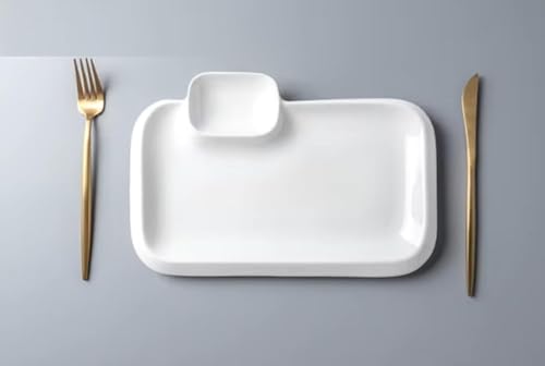 Image of Premium White Ceramic Appetizer Serving Plate 12 Inch Set of 1, with Built-in Dipping Sauce Well Sushi Tray, Dumpling Platter, and Chip & Dip Server, Chip-Resistant