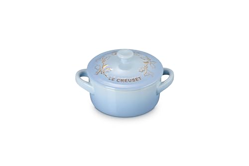 Le Creuset Stoneware Holly Collection MIni Round Cocotte, 8 oz., Coastal Blue with Gold Applique
