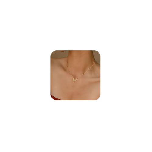 CAROVO Gold Necklace for Women Bow Necklace 14K Dainty Layered Gold Necklace Cute Small Cubic Zirconia Bow Pendant Choker Chain Necklace Trendy Necklace Jewelry Gift for Women - Main Image