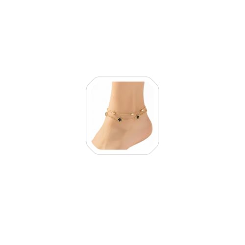 Aezlhjya 14K Gold Ankle Bracelets for Women, 2Pcs Trendy Goldplated Lucky Flower Four Leaf Bead Anklets Chain, Adjustable Layered Anklet Bracelets Jewelry Gift for Women by Aezlhjya - Used condition - US$6.80