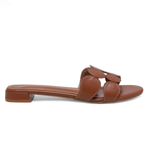 Leather Slide Sandals for Women Circle-Cut Open Toe Slip On Mule Flats with Low Heel Casual Summer Travel Dressy Shoes Daily Wear